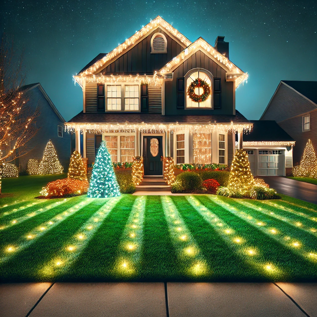 A well-maintained residential lawn in New Baden, Illinois, with lush green grass and Christmas lights adorning the house, creating a festive and inviting atmosphere.